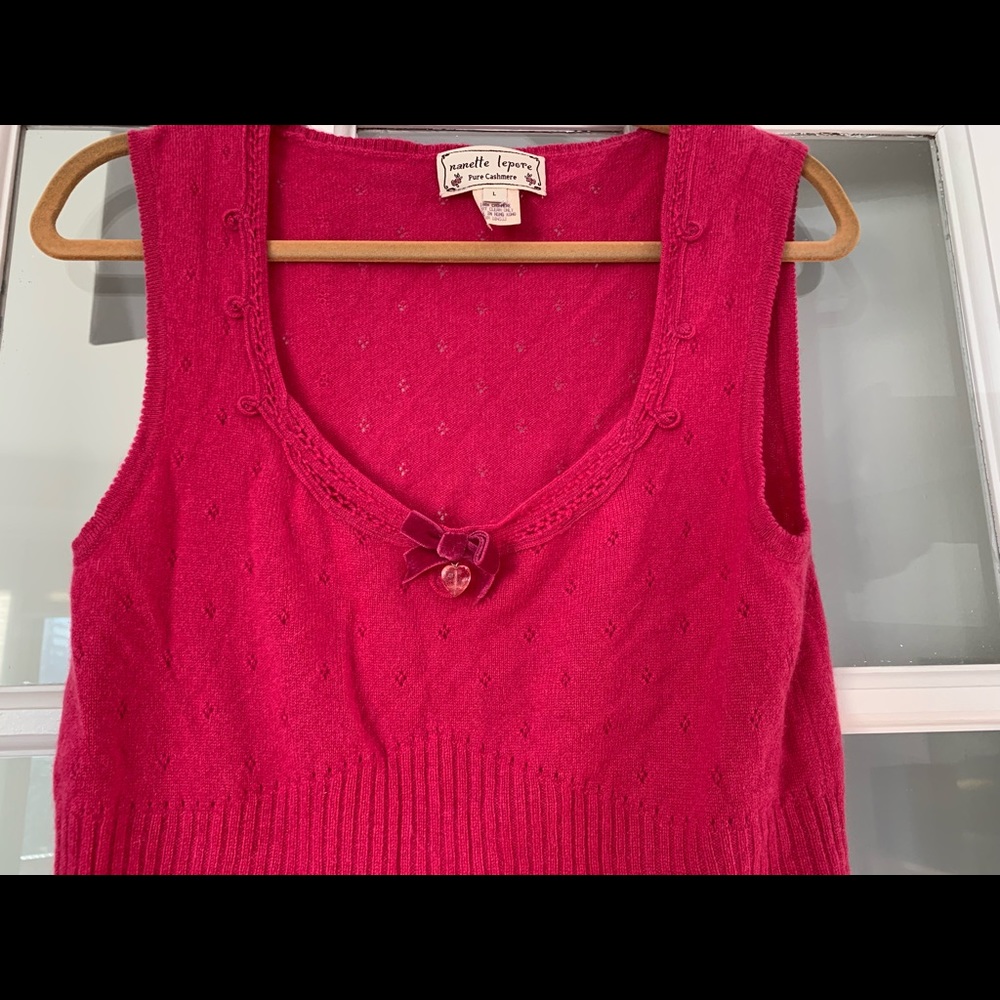 Nanette Lepore Hot Pink Cashmere Pointelle Sweater Tank Vest Top Large - Picture 3 of 6